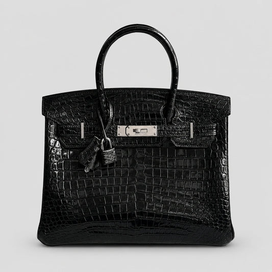 Hermès Birkin 30 Croco Porosus Noir Palladium — Hauptansicht Vorderseite | Luren Authentisch